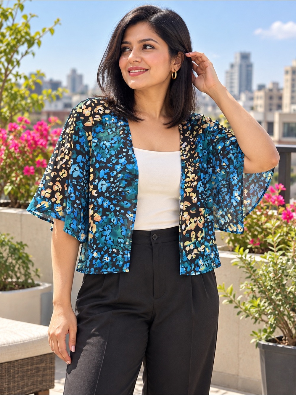Blue Floral Print Open-Front Women's Cardigan